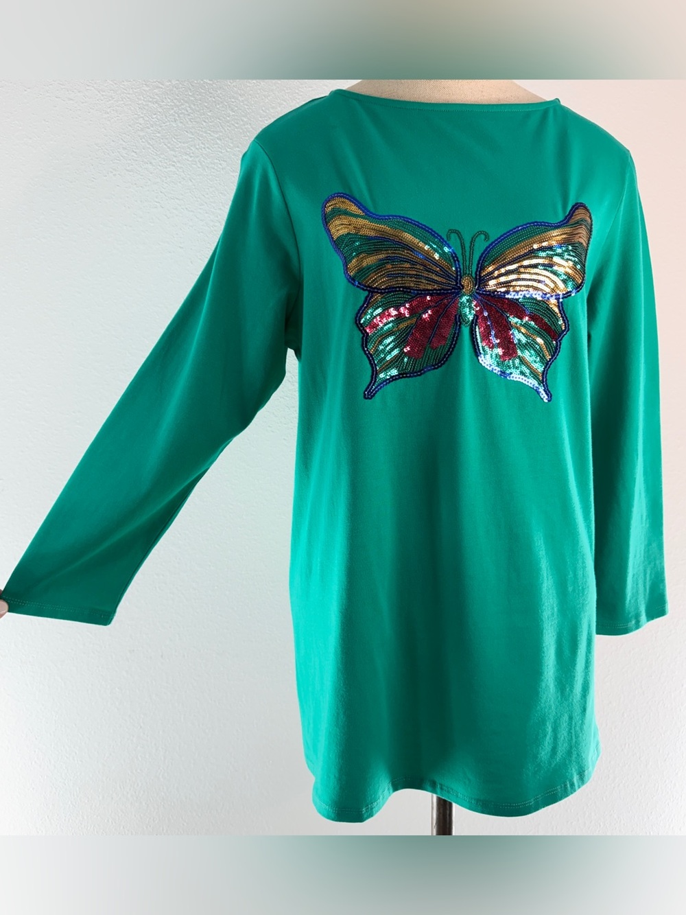 Vintage Y2K DG2 by Diane Gilman Sequin Butterfly Teal Top 3/4 Sleeve Tshirt NWT